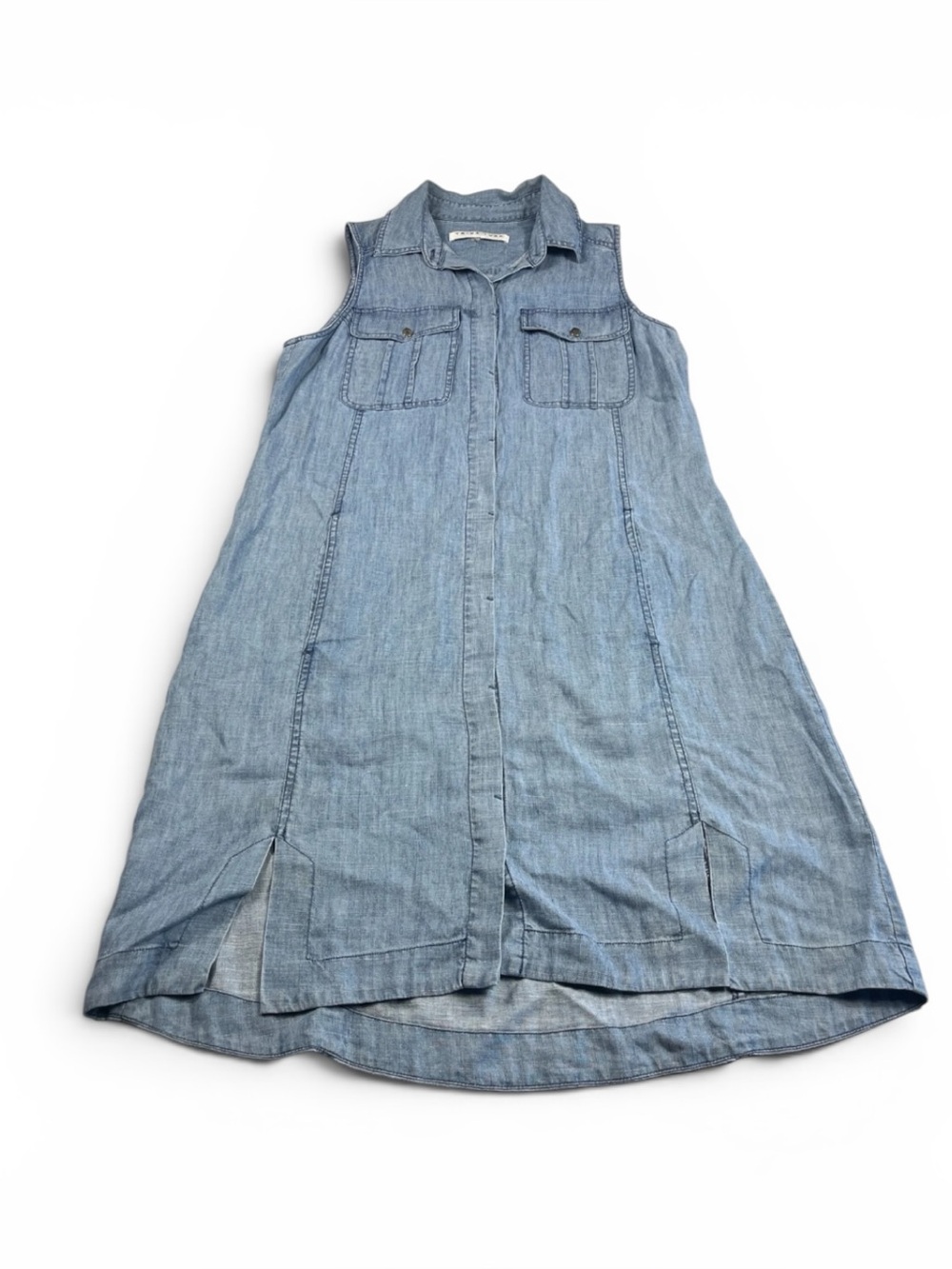 Trina Turk Chambray Linen Button Down Dress Blue Sleeveless Resort Casual SMALL